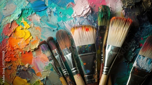 An artistic World Art Day scene with paintbrushes and palettes against a vibrant background, macro shot, Minimalist style photo