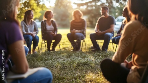 A group of people sitting in a circle outdoors, symbolizing community support and peer connection.