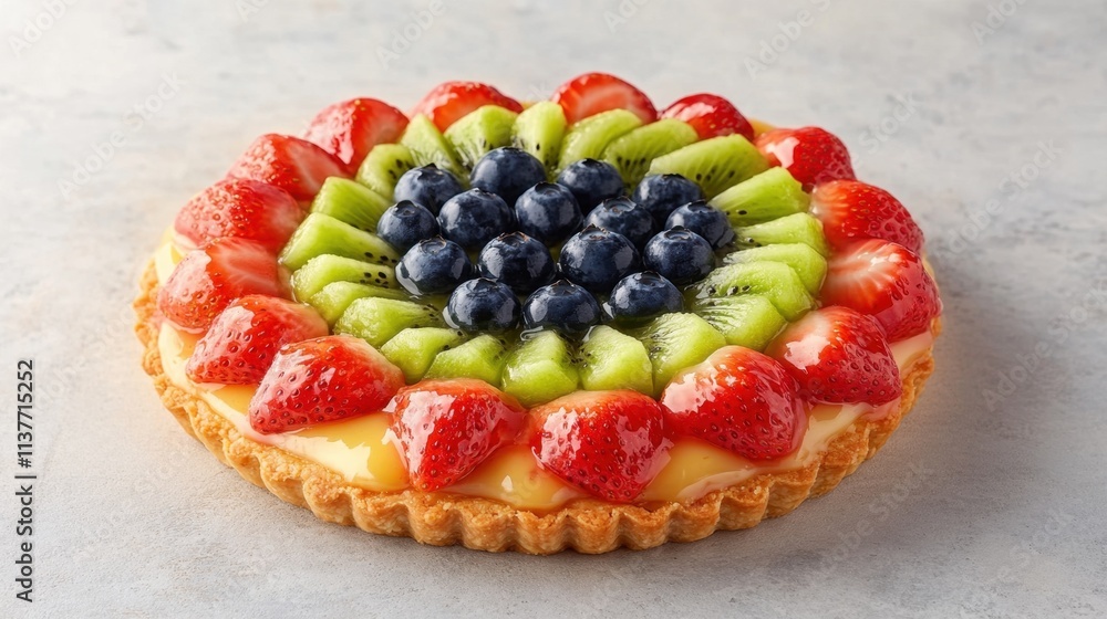A fruit tart with kiwi, strawberries, and blueberries arranged on top of a custard filling for a bakery ad A fruit tart with kiwi, strawberries, and blueberries arranged on top of a custard filling for a bakery ad