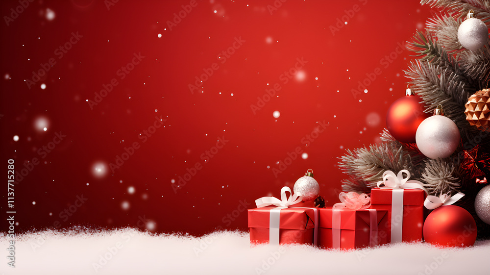christmas background with gift box fir tree , snow and bauble on bokeh red background christmas background with gift box fir tree , snow and bauble on bokeh red background