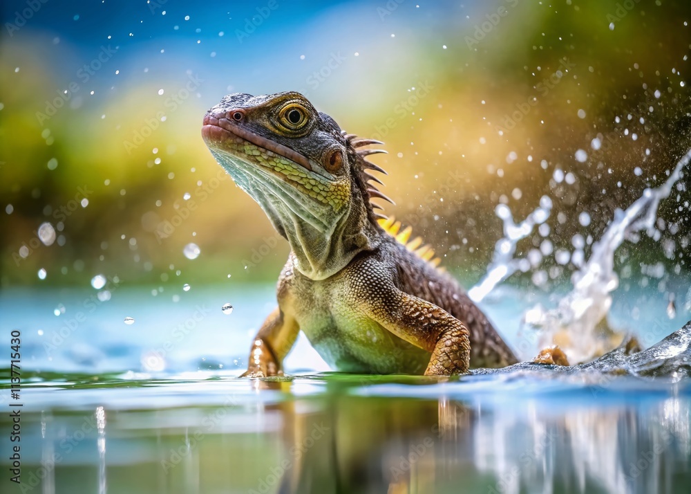 Minimalist Lizard Water Play: Green Iguana Swimming, Reptile in Pond, Aquatic Lizard, Simple Nature Photography Minimalist Lizard Water Play: Green Iguana Swimming, Reptile in Pond, Aquatic Lizard, Simple Nature Photography