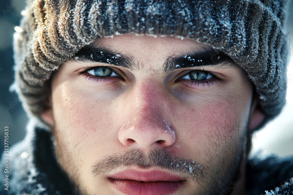 A close-up portrait of a young man in a ribbed knit hat with frost on the fabric. A close-up portrait of a young man in a ribbed knit hat with frost on the fabric.