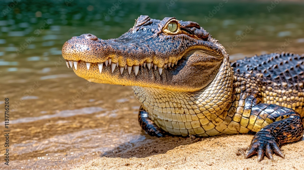 Obraz premium The closeup shot of a crocodile reveals the intricate scales covering its powerful jaws, the sharp teeth lining its mouth, and the cold, calculating gaze in its eyes as it rests by the water's edge.