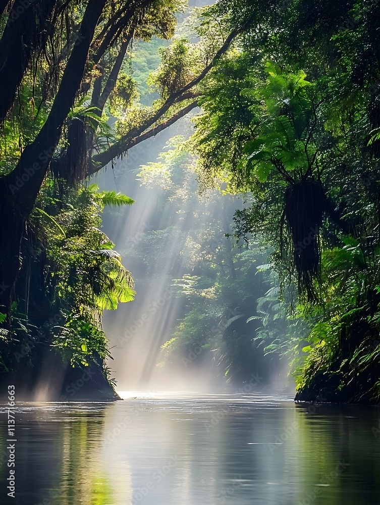 A photo of a serene rainforest river, with mist rising from the water and tall trees arching overhead. A photo of a serene rainforest river, with mist rising from the water and tall trees arching overhead.