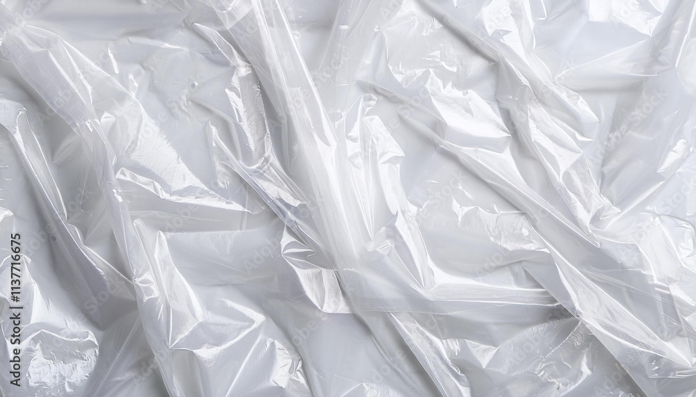 Obraz premium Crumpled Polyethylene Film Texture. White Wrinkle Plastic Packaging Background