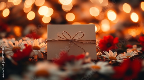 Blank Notecard Tied With Twine Among Daisies And Lights