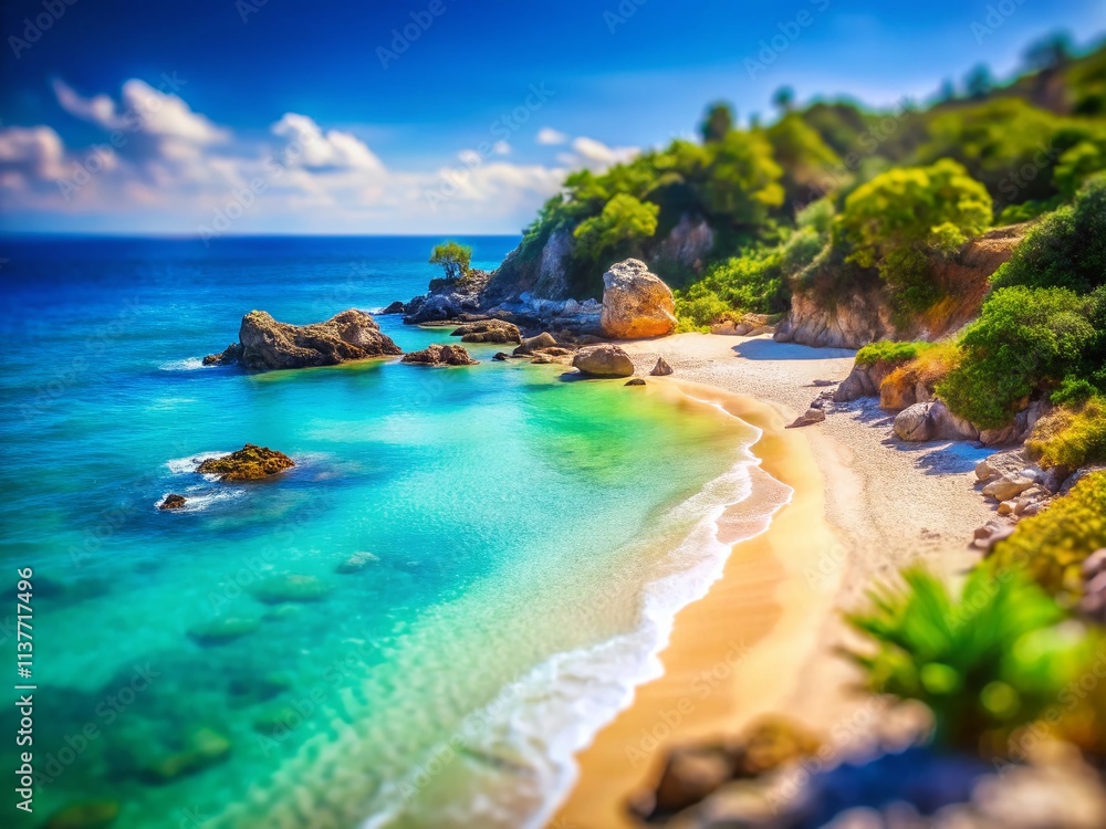 Tranquil Beach Tilt-Shift: Blue Water, Rocky Coastline, Miniature Photography Tranquil Beach Tilt-Shift: Blue Water, Rocky Coastline, Miniature Photography