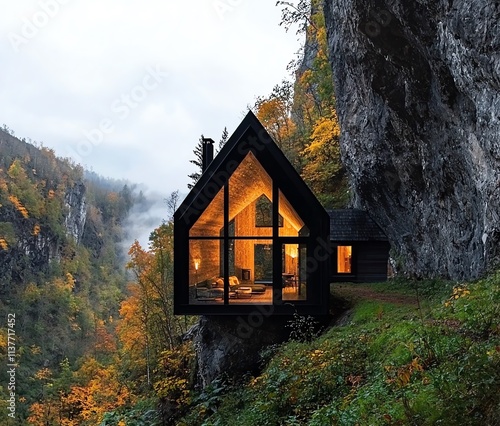 Idyllisches Haus im Wald an einem Felsen photo