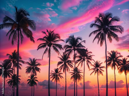 Minimalist Pink Palm Trees Photography: Dreamy Sunset, Tropical Paradise, Artistic Wallpaper