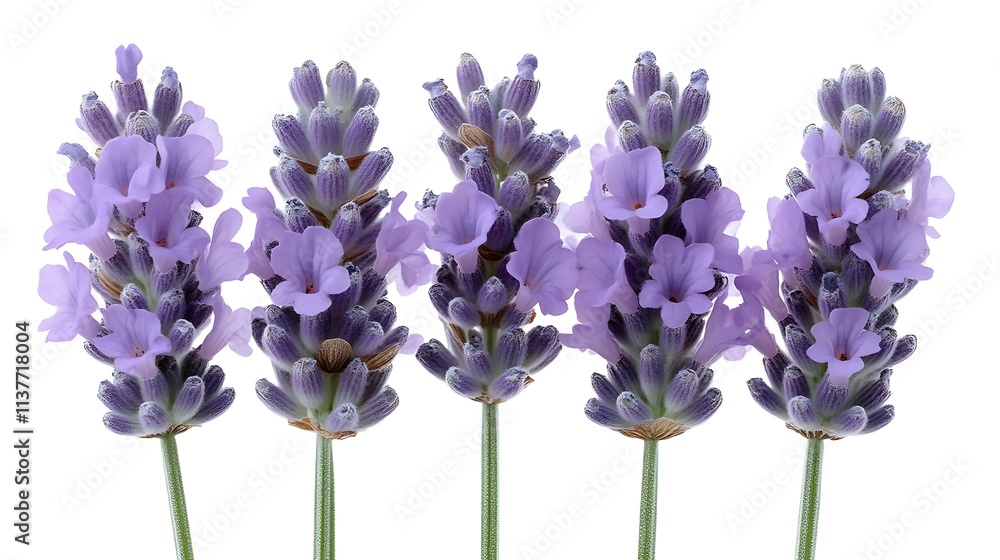 Obraz premium Five Lavender Flowers Isolated on White Background