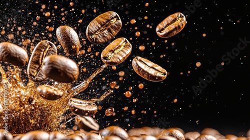 The photo features a close up super slow motion shot of exploding brown coffee grains, capturing the splashing fragrant beans in mid air against a black background photo