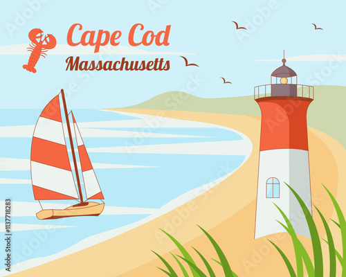 Cape Cod peninsula on the Atlantic Ocean, Massachusetts, USA. Maritime landscape with lobster, lighthouse, beach and sailboat. Trendy minimalist travel and tourism concept. Hand drawn 100 % vector.