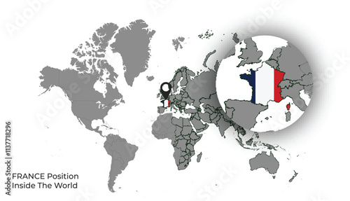 FRANCE Position Inside the World with Flag in Map