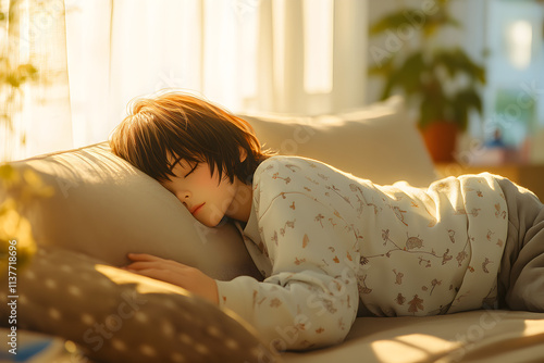 A cozy scene of a person peacefully sleeping on a couch with sunlight streaming in. Anime illustration photo