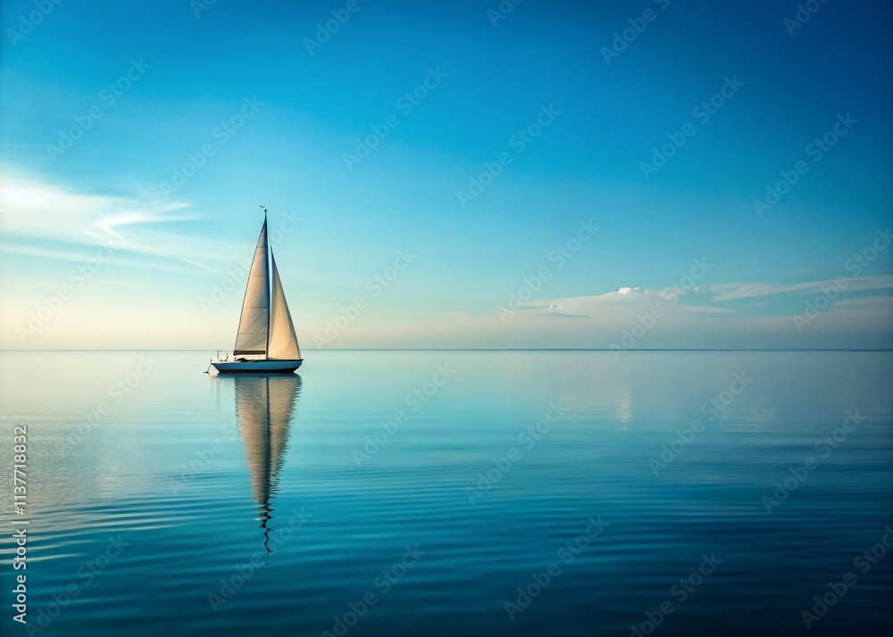 Fototapeta premium Minimalist Sailboat Ocean Photography: Serene Seascape, Single Sailboat, Blue Ocean, Minimalist Art