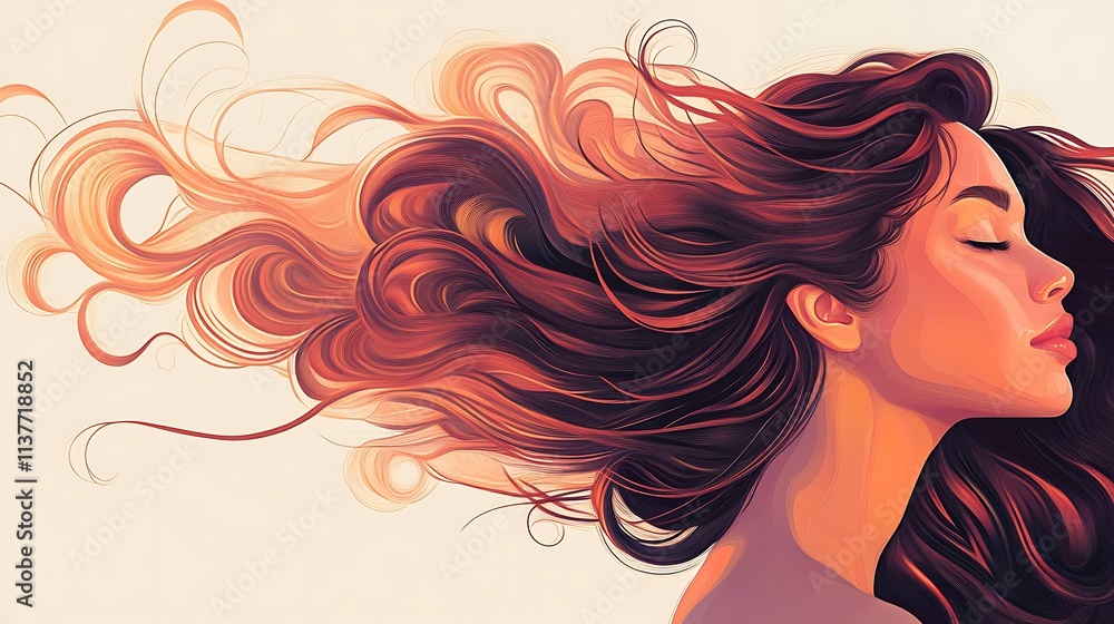 Woman with flowing auburn hair, eyes closed, peaceful expression. Woman with flowing auburn hair, eyes closed, peaceful expression.