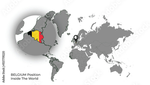 BELGIUM Position Inside the World with Flag in Map