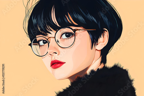 A stylized portrait of a young woman with glasses and short hair, exuding a confident aura. Anime character illustration photo