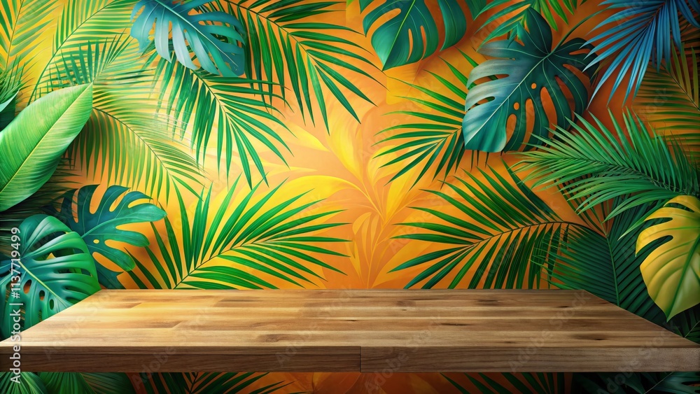 Fototapeta premium Tropical Mockup: Wooden Tabletop Product Display, Surreal Paper Texture Background, Business Presentation Template