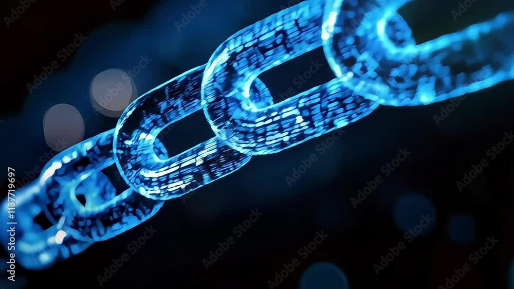 Close-up of a glowing blue digital chain link symbolizing connectivity and security. Close-up of a glowing blue digital chain link symbolizing connectivity and security.