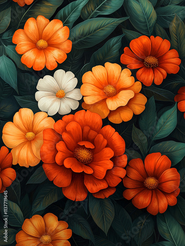 Wallpaper Mural Vibrant Orange and White Flowers  Lush Green Leaves  Floral Background Torontodigital.ca