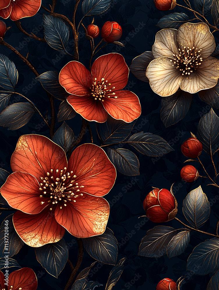 custom made wallpaper toronto digitalLuxurious Red   Gold Flowers  Dark Floral Pattern  Botanical Art Print