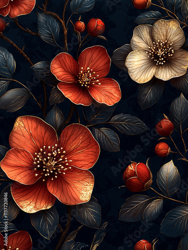 Wallpaper Mural Luxurious Red   Gold Flowers  Dark Floral Pattern  Botanical Art Print Torontodigital.ca