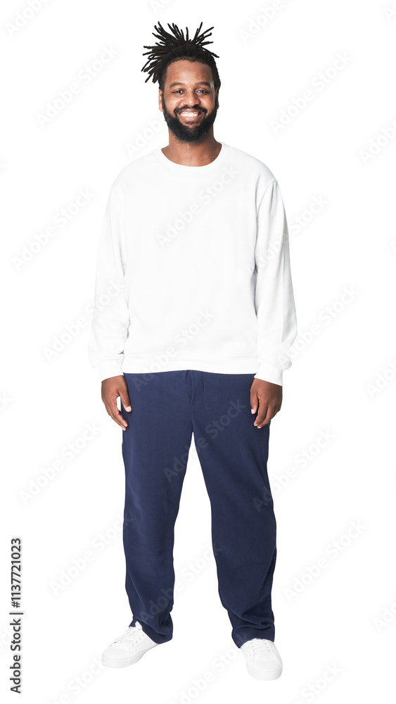 Fototapeta premium Man's white sweatshirt blue pants plus size fashion png mockup