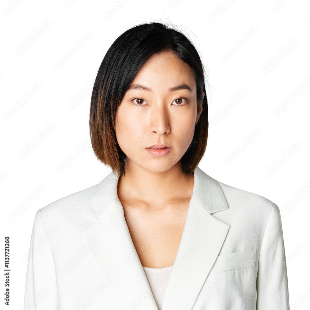 Portrait of young businesswoman png mockup in white suit