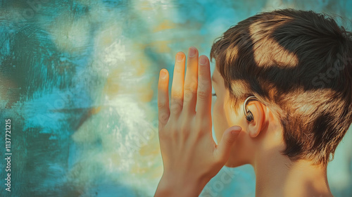 A young man with a hearing aid against an abstract azure wall bathed in sunlight. The concept of inclusion and modern technology