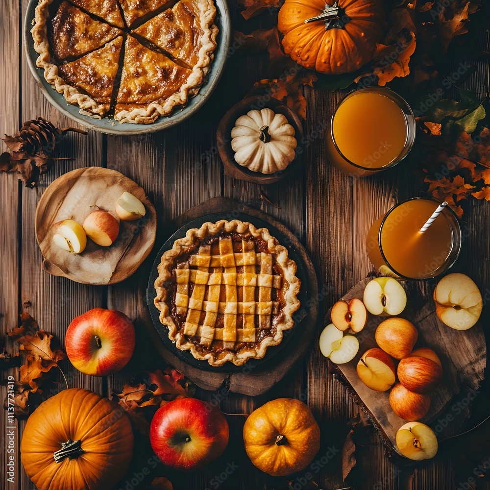 A photo of a rustic table filled with autumn treats like pumpkin pie, apple cider, and caramel apples. A photo of a rustic table filled with autumn treats like pumpkin pie, apple cider, and caramel apples.