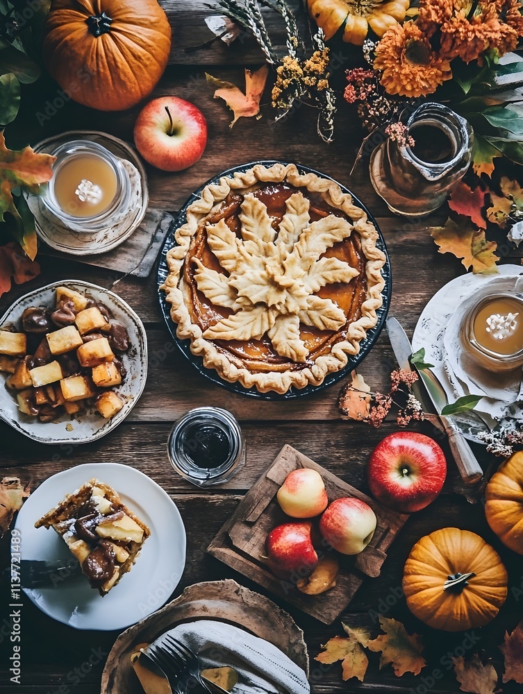 A photo of a rustic table filled with autumn treats like pumpkin pie, apple cider, and caramel apples. A photo of a rustic table filled with autumn treats like pumpkin pie, apple cider, and caramel apples.