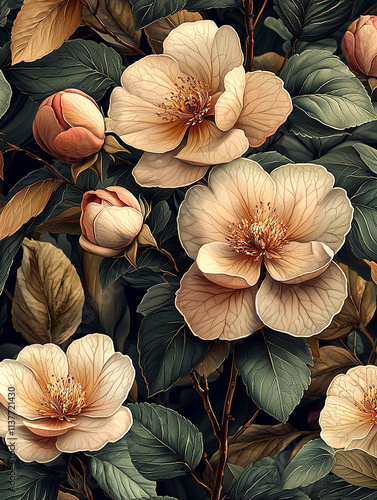 Elegant Creamy Beige Flowers Botanical Print