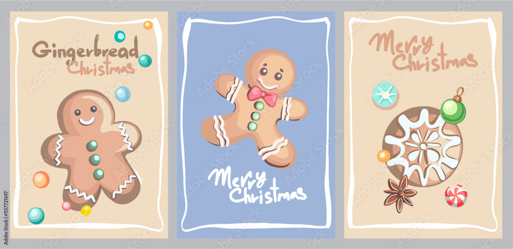 A set of three fully editable posters for the New Year holidays. Digital illustrations in flat cartoon style in pastel colors with a frame on the theme of Gingerbread Christmas A set of three fully editable posters for the New Year holidays. Digital illustrations in flat cartoon style in pastel colors with a frame on the theme of Gingerbread Christmas