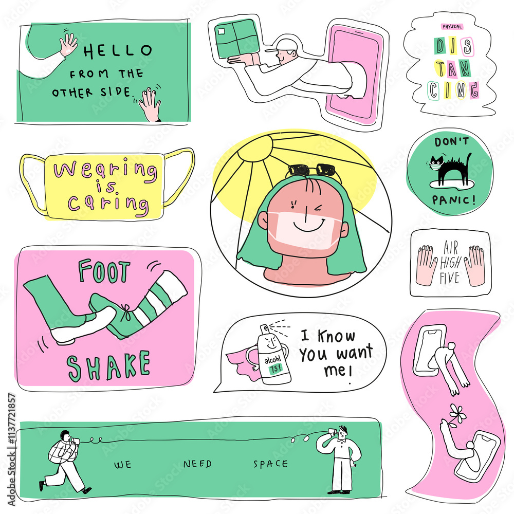 Obraz premium COVID-19 new normal lifestyle png cute doodle sticker collection