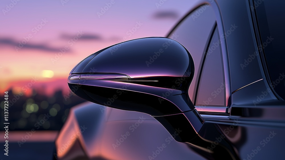A sleek car side mirror reflects a vibrant sunset, highlighting the glossy surface and modern design against a cityscape backdrop. A sleek car side mirror reflects a vibrant sunset, highlighting the glossy surface and modern design against a cityscape backdrop.