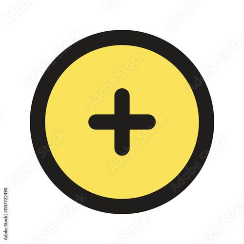 A simple graphic depicting a yellow circle containing a black plus symbol often used as an add button in interfaces.