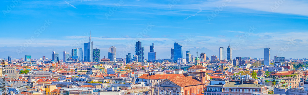 The roofs ofhistoric buildings and the Milan Financial District in the background, Italy.