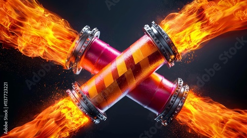 A dynamic image featuring vibrant flames erupting from crossed pipes, symbolizing energy, power, and excitement. photo