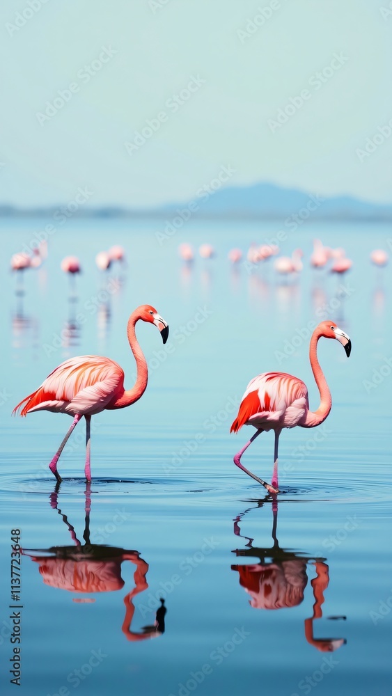 Obraz premium Romantic moment of two flamingos forming a heart shape with their necks
