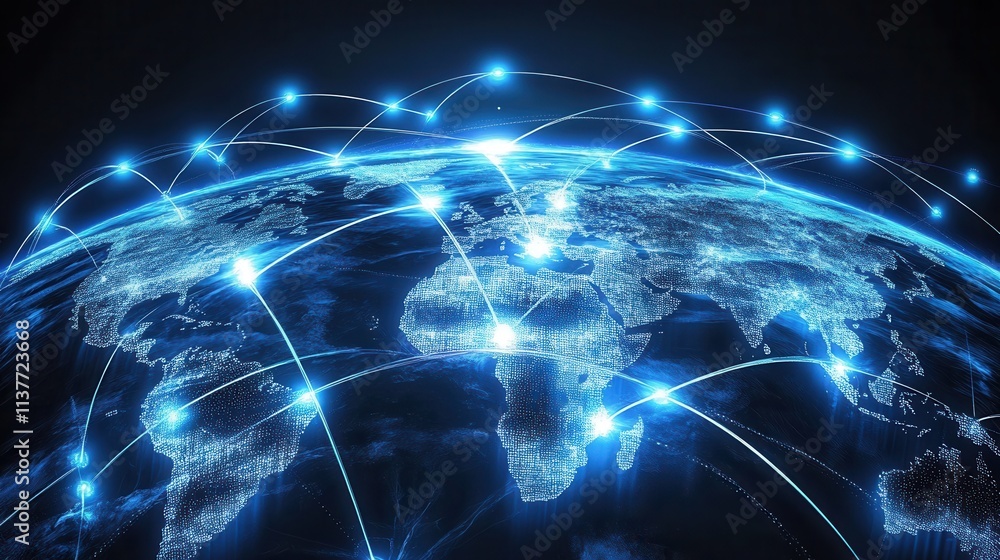Digital Network Connections Across the Globe with Bright Blue Lines Digital Network Connections Across the Globe with Bright Blue Lines