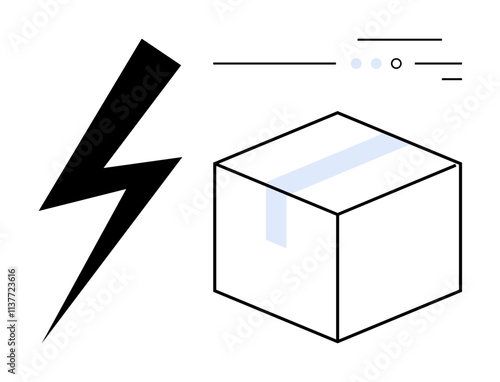 Black electricity bolt beside a white, sealed shipping box on the right. Above, lines and dots. Ideal for shipping, logistics, speed, power, packaging, delivery services, and minimalist designs. Line