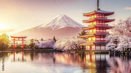 Majestic Fuji Mountain and Iconic Pagoda Reflected in Tranquil Pond at Sunset in Japan