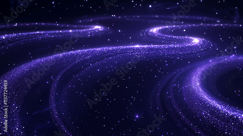 A galaxy-like array of shining purple particles forming spirals and curves, with faint starlight scattered across a deep, dark background