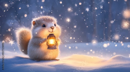 A cute, fluffy squirrel holds a lantern in a snowy landscape, surrounded by falling snowflakes, creating a whimsical winter scene.