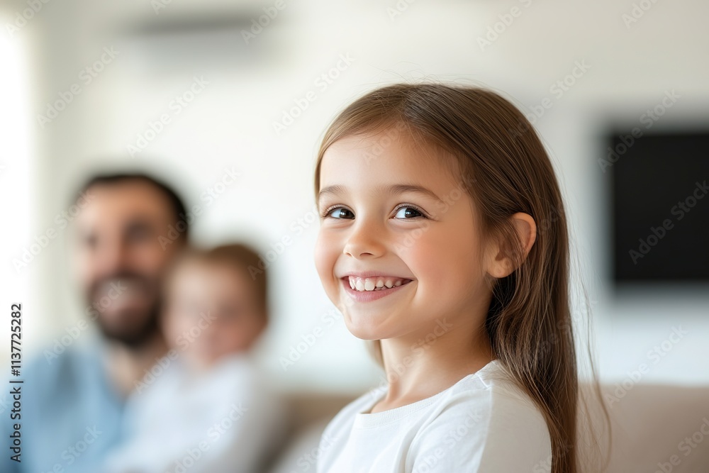 Smiling girl with family in background, feeling of comfort Smiling girl with family in background, feeling of comfort
