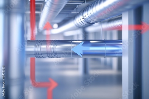 Modern HVAC system ducts in industrial setting, blue arrows indi photo