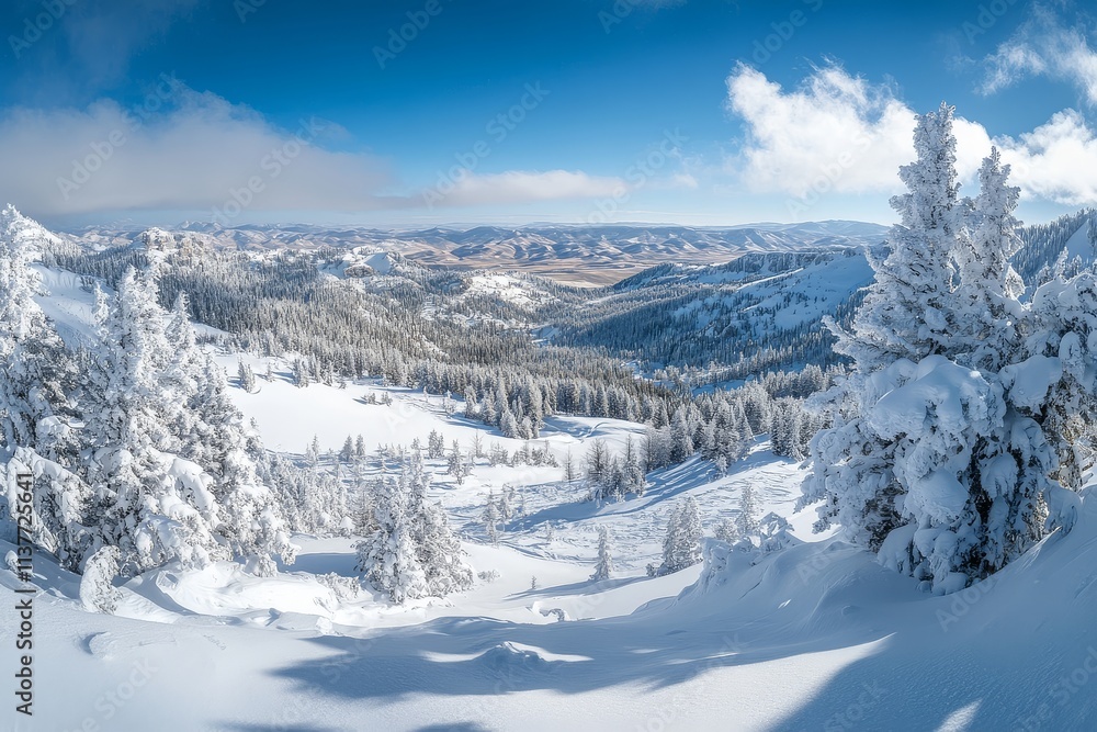Obraz premium Panoramic snow-covered landscape with blue sky and distant forest, award-winning photography capturing serene winter beauty.