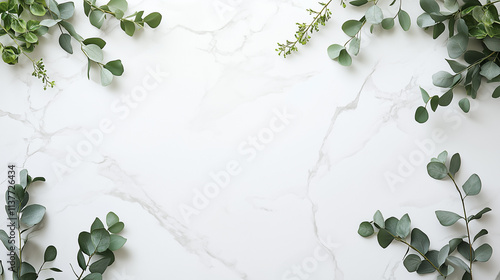 A white marble background with eucalyptus leaves in the corners, creating an elegant and minimalist design for text or product display. Top view, flat lay