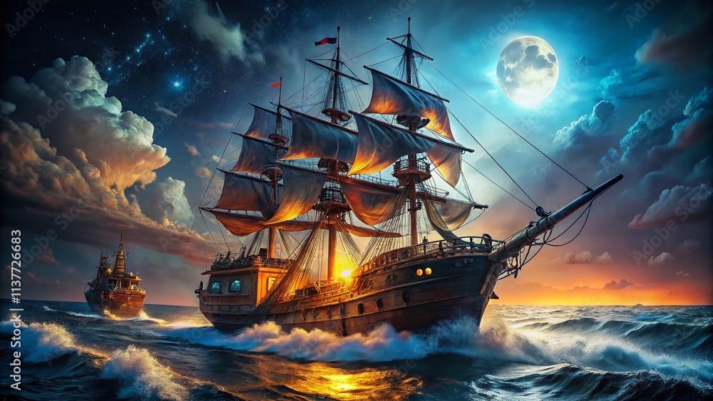 Obraz premium Modern Pirate Ship - High Resolution Image, Futuristic Sailing Vessel, Cyberpunk Pirate Ship, Sci-Fi Pirate Ship, Deep Ocean, Detailed Render